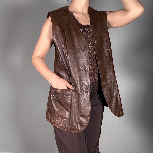 Vintage Long Brown Leather Vest by Jofama of Sweden - Picture 1 of 9